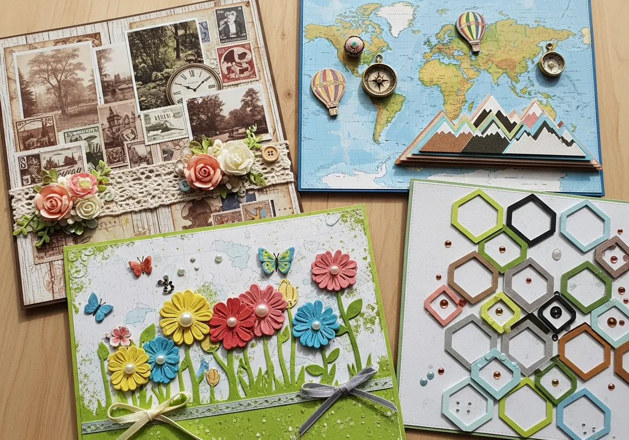 Beautiful scrapbook pages with colorful embellishments and creative layouts