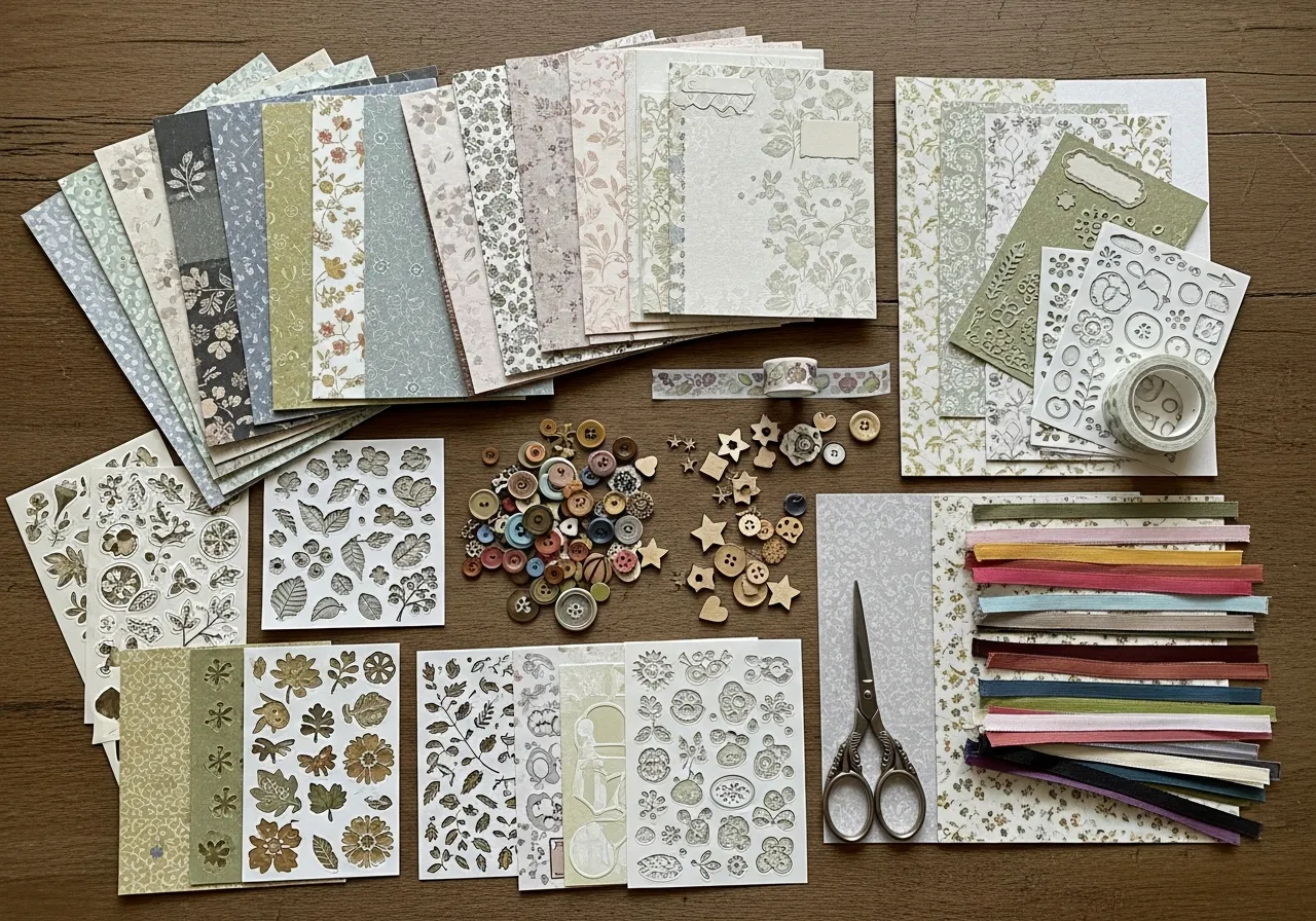Assorted scrapbooking materials including papers, stickers, and decorative elements